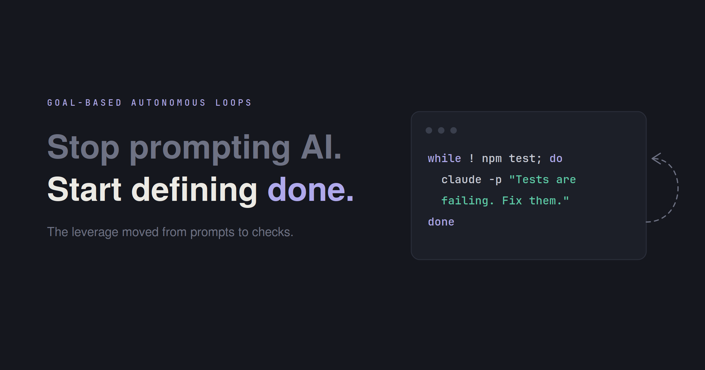 Cover art for Stop prompting AI. Start defining done., showing the article title beside a terminal-style loop command.