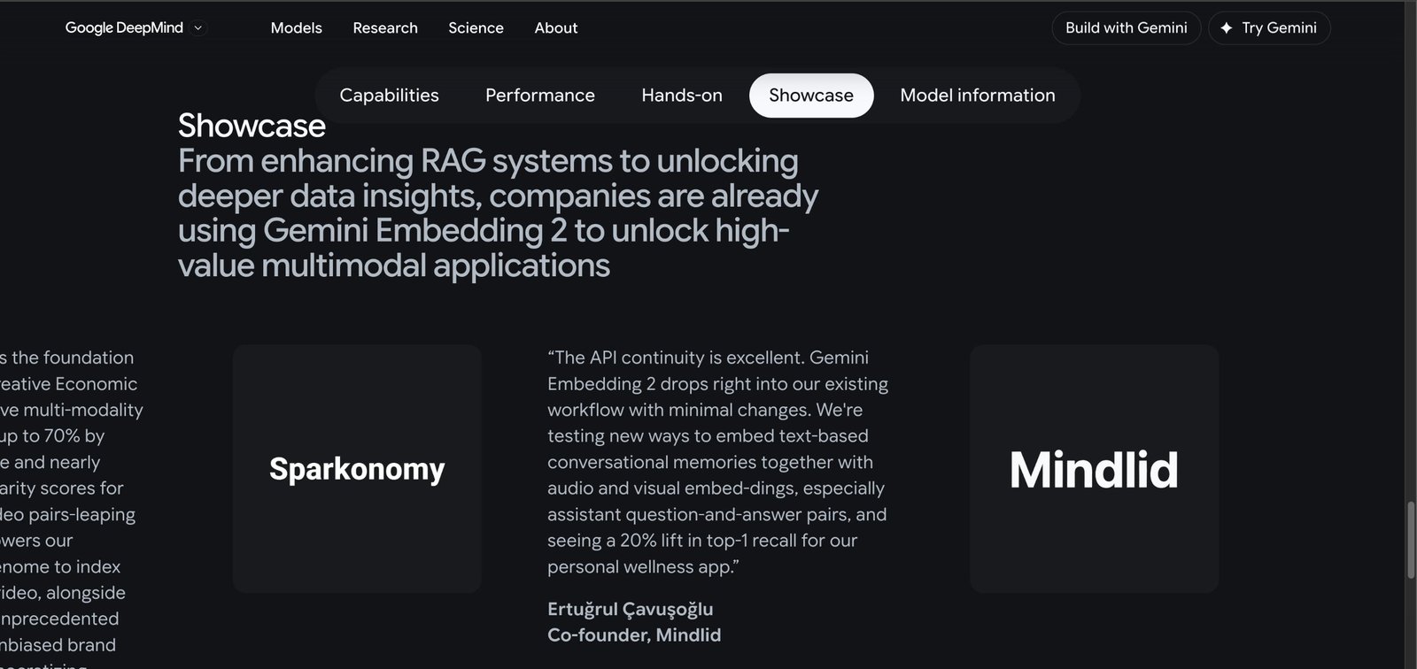 Google DeepMind Gemini Embedding 2 Showcase page featuring a Mindlid customer quote about a 20% lift in top-1 recall, attributed to Ertuğrul Çavuşoğlu, Co-founder, Mindlid.