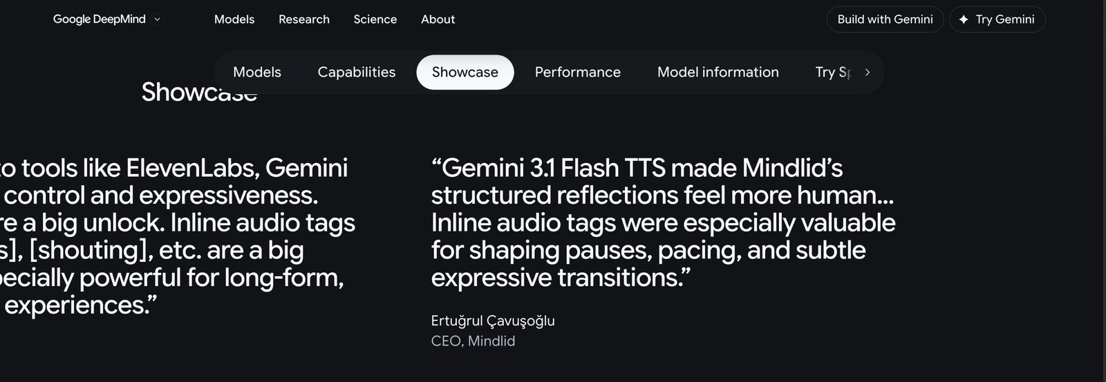 Google DeepMind Gemini 3.1 Flash TTS Showcase page featuring a Mindlid quote about inline audio tags and expressive delivery, attributed to Ertuğrul Çavuşoğlu, CEO, Mindlid.